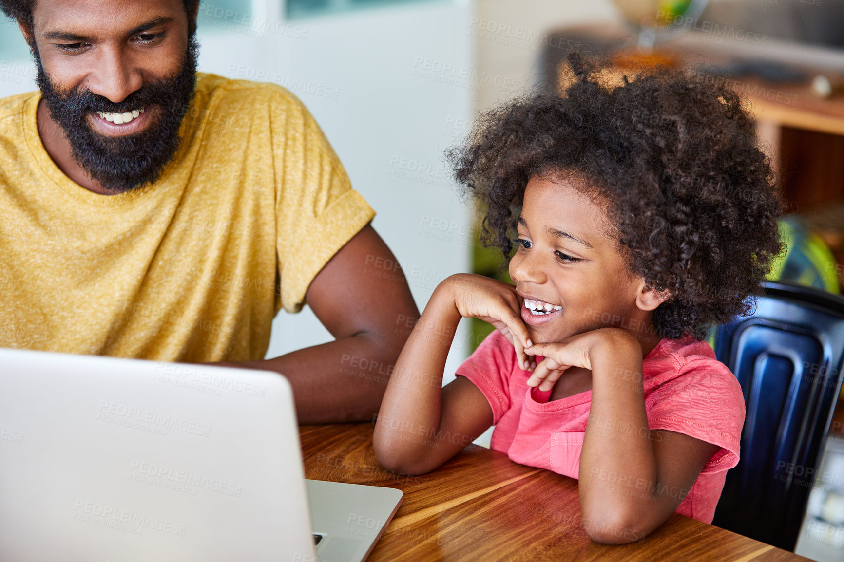 Buy stock photo Happy, dad and child in home with laptop, bonding together and streaming cartoon for entertainment. African man, son and smile in house with computer, watch kids movie or connection on weekend break.