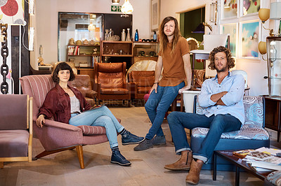 Buy stock photo Portrait of three colleagues in a furniture store