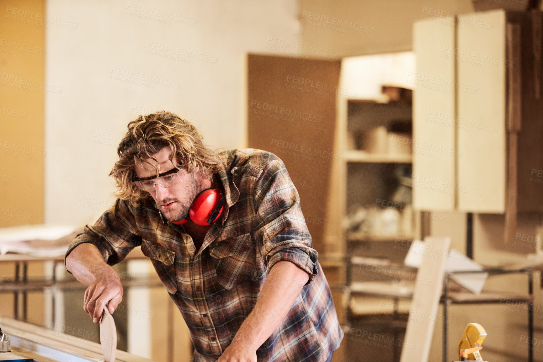 Buy stock photo Check, carpenter and man in workshop with tool for quality, accuracy and measure for lumber project. Carpentry, inspection and person with wood for timber production, woodworking or furniture design