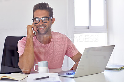 Buy stock photo Cropped shot of a handsome businessman working on his laptop in his office
