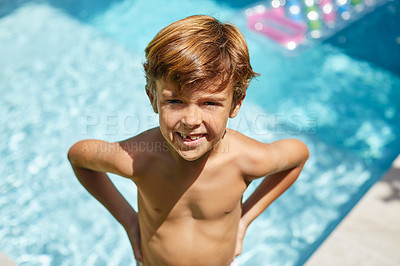 Buy stock photo Portrait of a an adorable little boy enjoying a summer's day outdoors