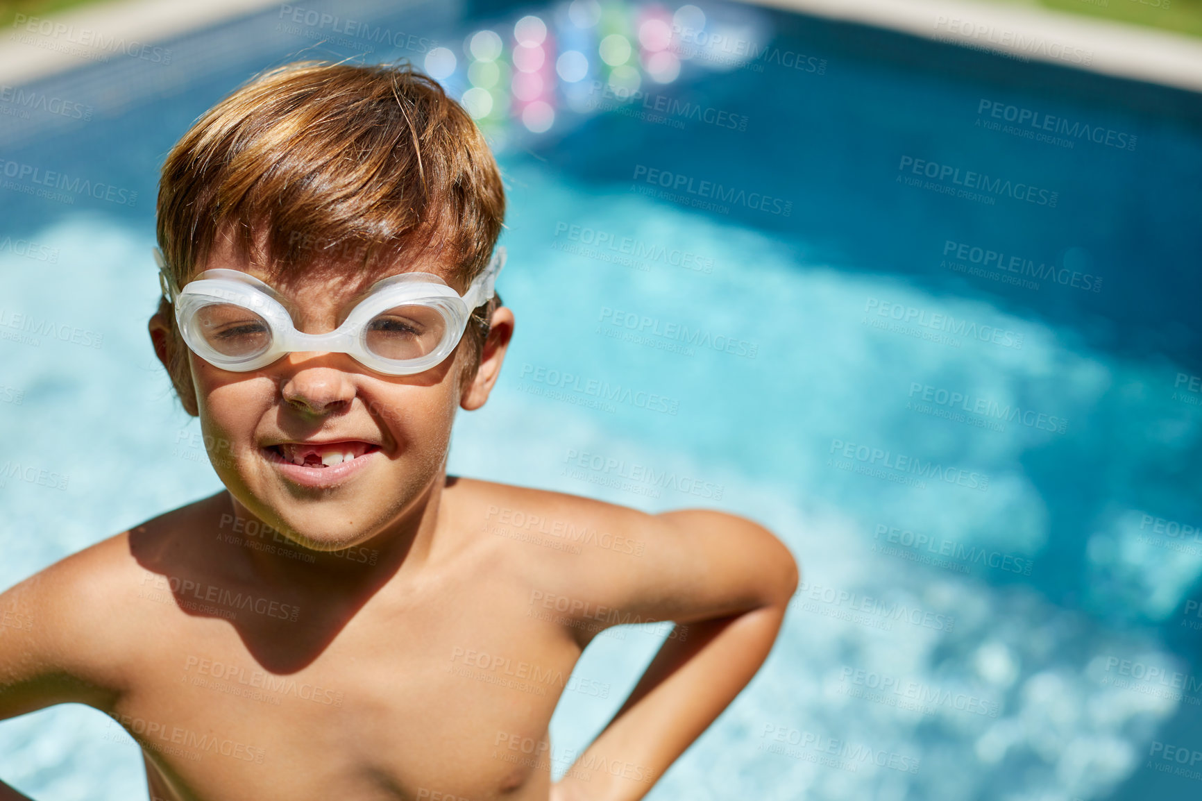 Buy stock photo Swimming pool, vacation and child outdoor with portrait, summer relax and protection goggles. Smile, boy and swimmer at poolside with safety, space and development on holiday break with bokeh