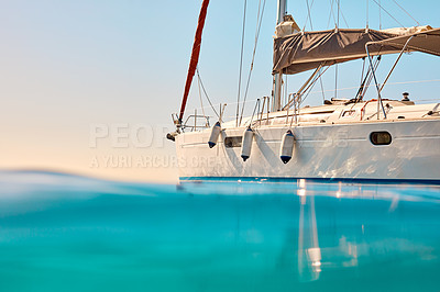 Buy stock photo Cropped shot of a yacht on the open ocean