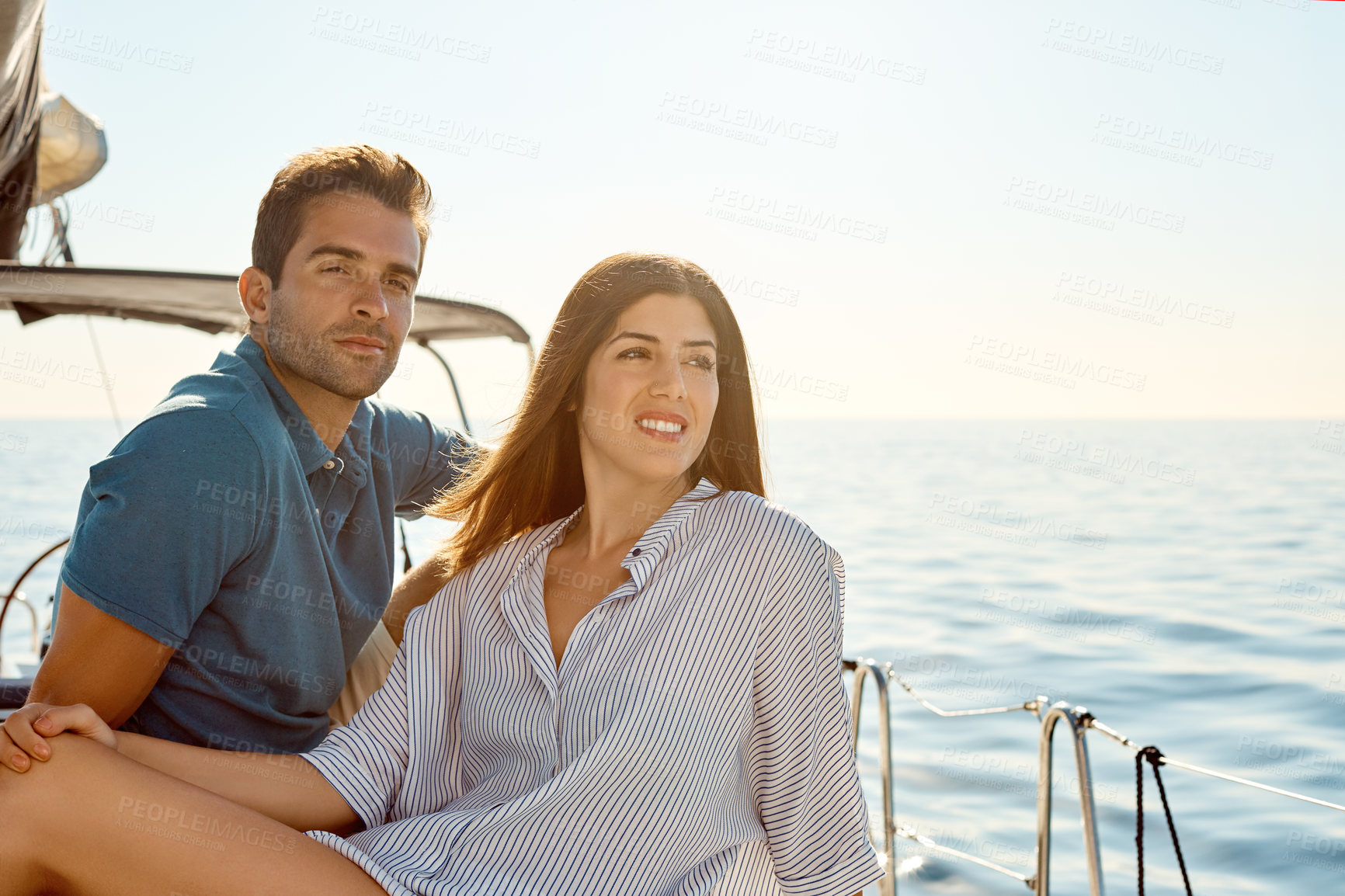Buy stock photo Ocean, couple and relax on boat for sightseeing, travel adventure and scenery on anniversary trip. Holiday, space and people with exploring on cruise for romantic getaway, honeymoon date and bonding