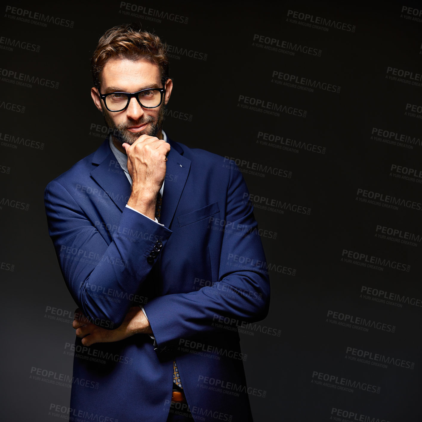 Buy stock photo Thinking, glasses and space with business man in studio for trader, vision and stock broker. Investment banker, reflection and wealth management with person on dark background for portrait and future