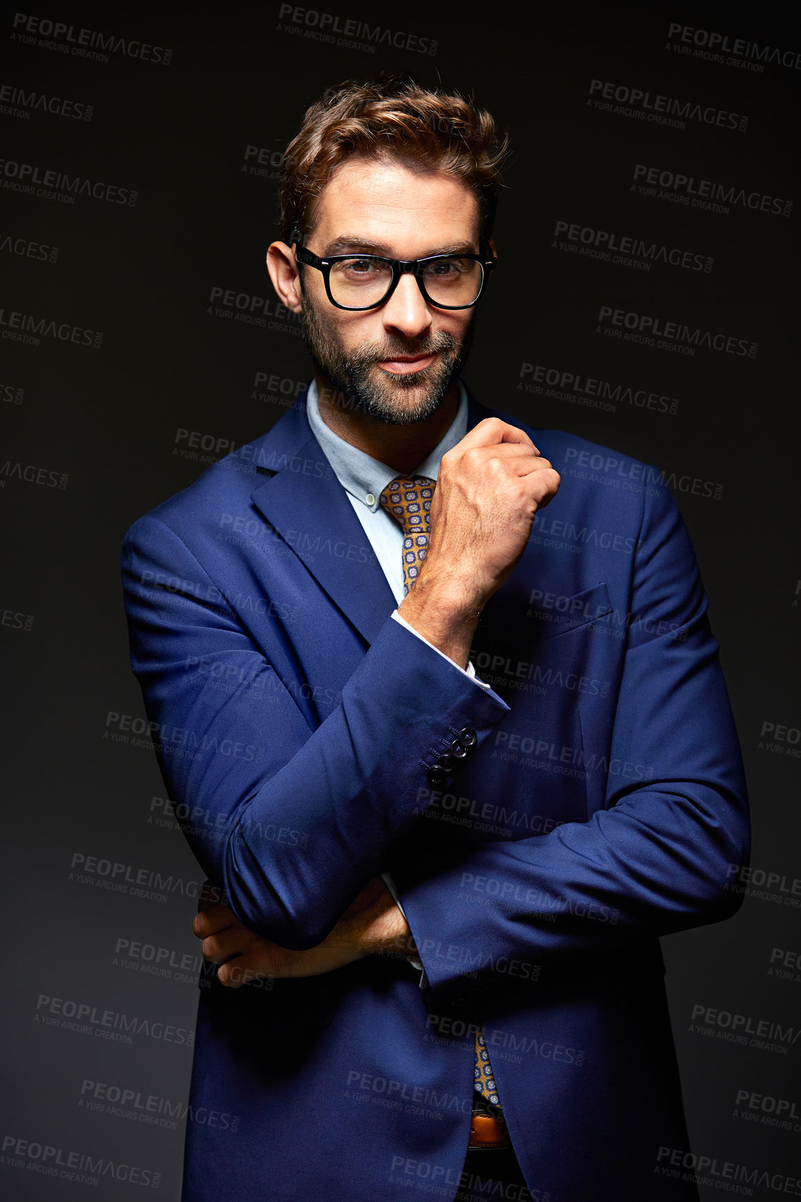 Buy stock photo Thinking, smile and glasses with business man in studio for trader, vision and stock broker. Investment banker, reflection and wealth management with person on dark background for portrait and future