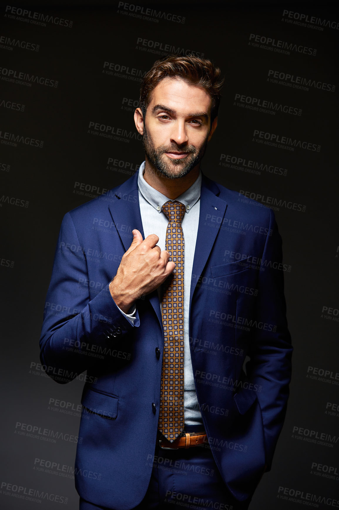 Buy stock photo Banker, portrait and business man in studio as finance professional with style, ambition or fashion. Formal male person, dark background and confident by space for money management, smile and advisor