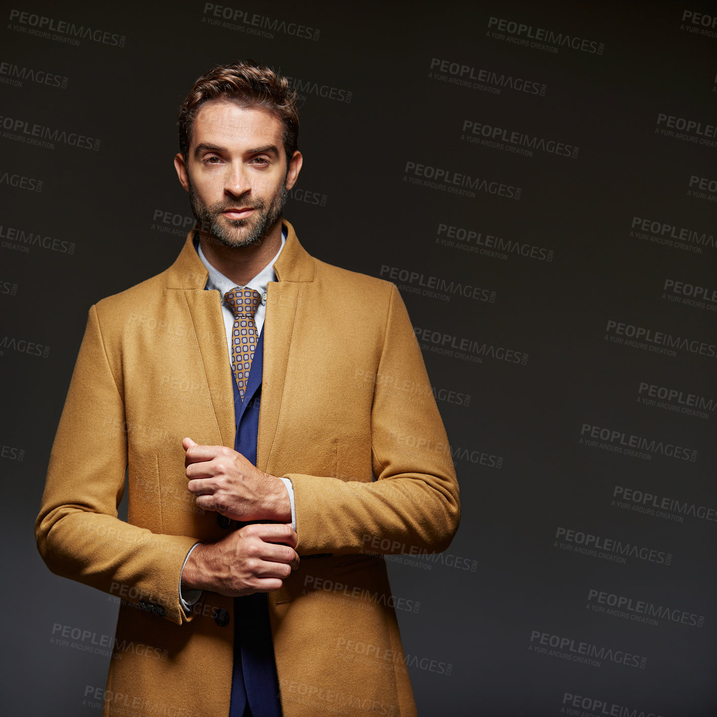 Buy stock photo Man, portrait and fashion for business in studio, corporate style or aesthetic with confidence. Male person, suit or coat jacket with pride, professional clothes or outfit on black background space
