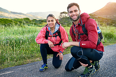 Buy stock photo Full length portrait of a young couple out for a morning run