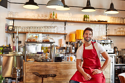 Buy stock photo Portrait of a male barista on duty in a coffee shop