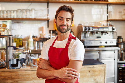 Buy stock photo Portrait of a male barista on duty in a coffee shop