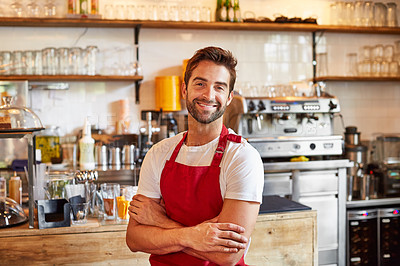 Buy stock photo Portrait of a male barista on duty in a coffee shop