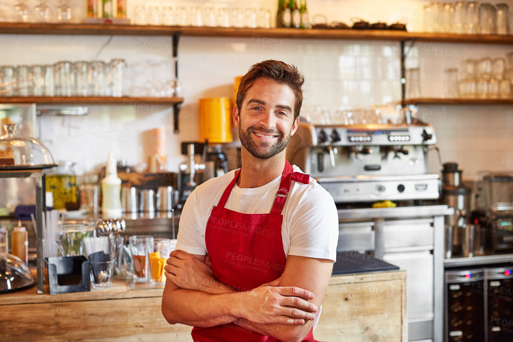 Buy stock photo Hospitality, portrait and man in cafe with smile, arms crossed and service with small business owner. Happy, confidence and coffee shop founder with pride, bistro and about us in catering industry
