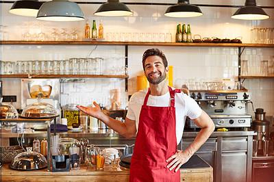 Buy stock photo Portrait of a male barista on duty in a coffee shop