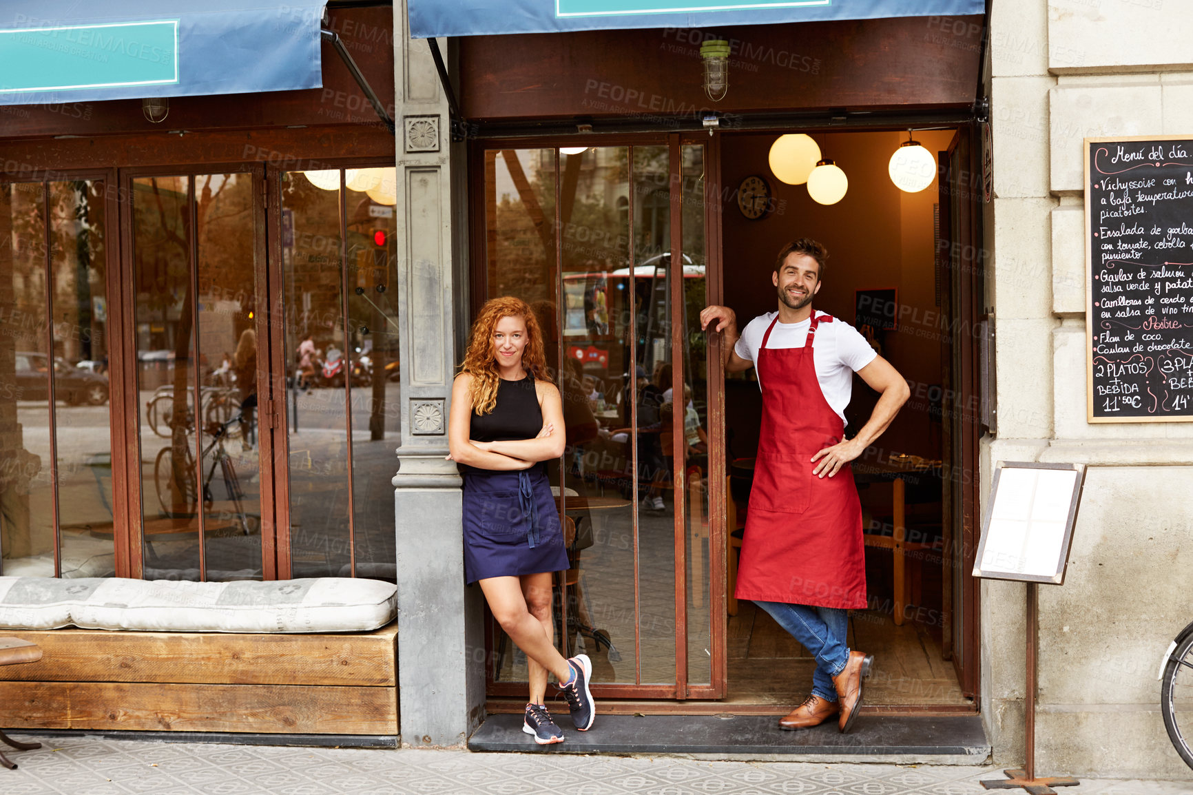Buy stock photo Cafe, people and entrance with small business for customer service, welcome or open restaurant. Portrait, man and woman with smile for coworking coffee shop, hospitality or entrepreneurship in city