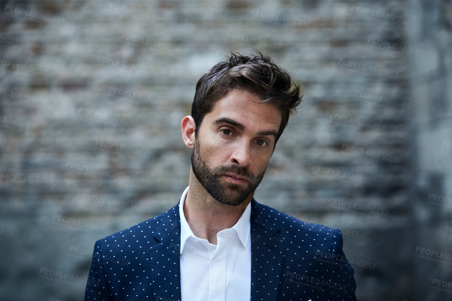Buy stock photo Serious, portrait and man in city as lawyer, about us and legal career development for business. Confident male person, corporate attorney and professional with ambition, pride or experience by wall