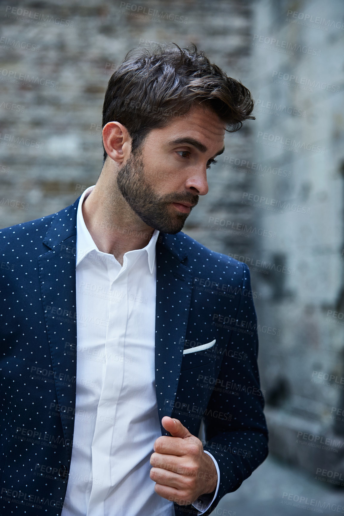 Buy stock photo Business, man and reflection in city for real estate, development or town expansion with vision. Person, serious thinking or urban planning with mindset, outdoor and inspiration for property growth
