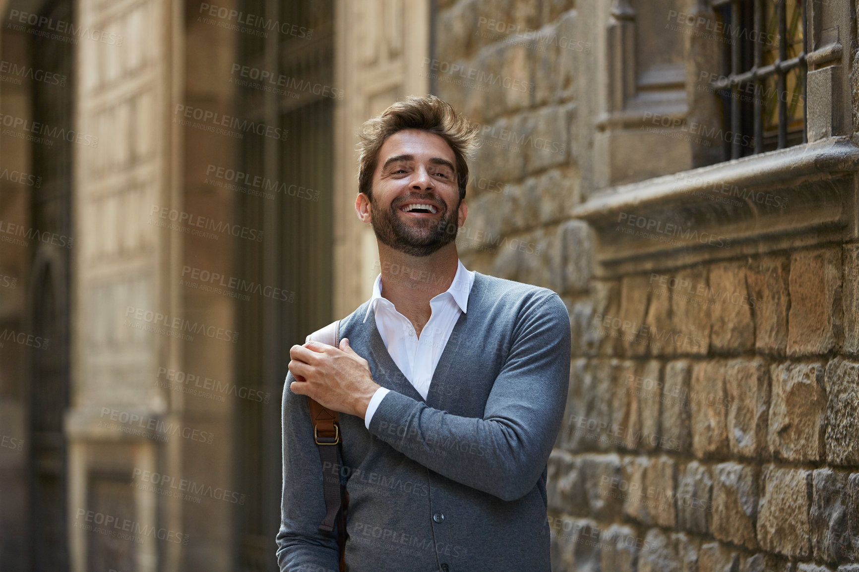 Buy stock photo Happy, businessman and walk in city with bag, morning commute and positive mindset for finance job. Person, smile and journey outdoor in town with trip, opportunity and travel for accounting career.