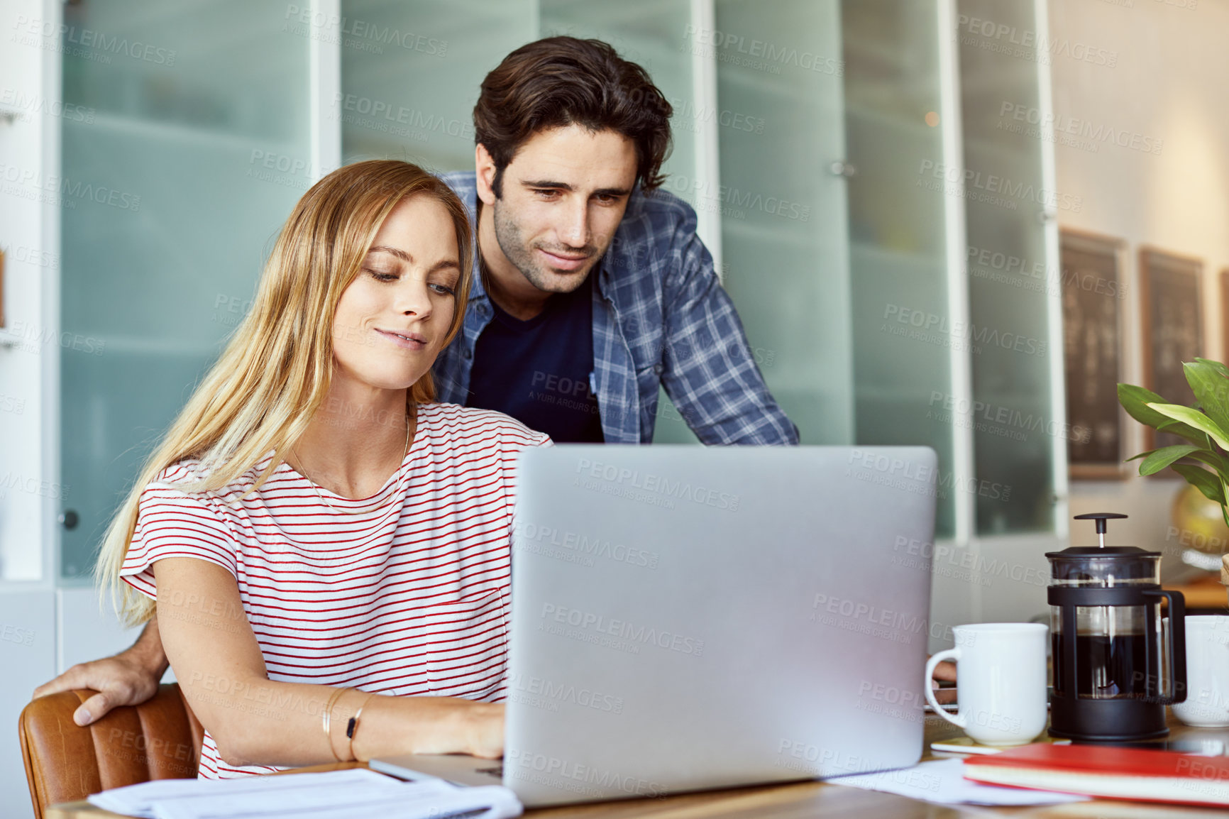 Buy stock photo Laptop, banking and research with couple in home for property listing, real estate purchase and planning. Review, future investment and mortgage savings with man and woman in house for support