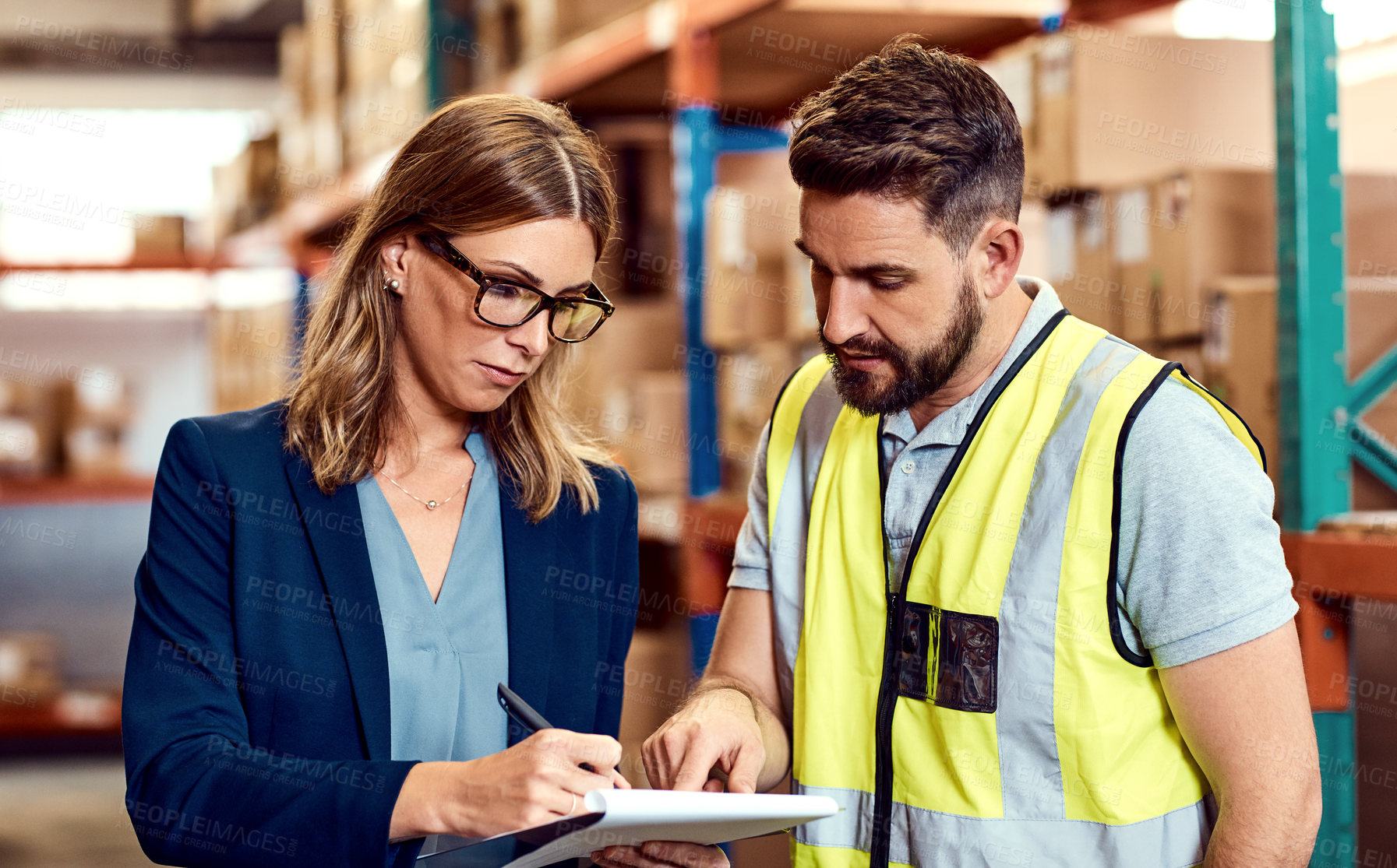 Buy stock photo Clipboard, logistics and reading with people in warehouse for distribution, freight center or supply chain. Checklist, import duties or cargo with employee for customs compliance in shipping