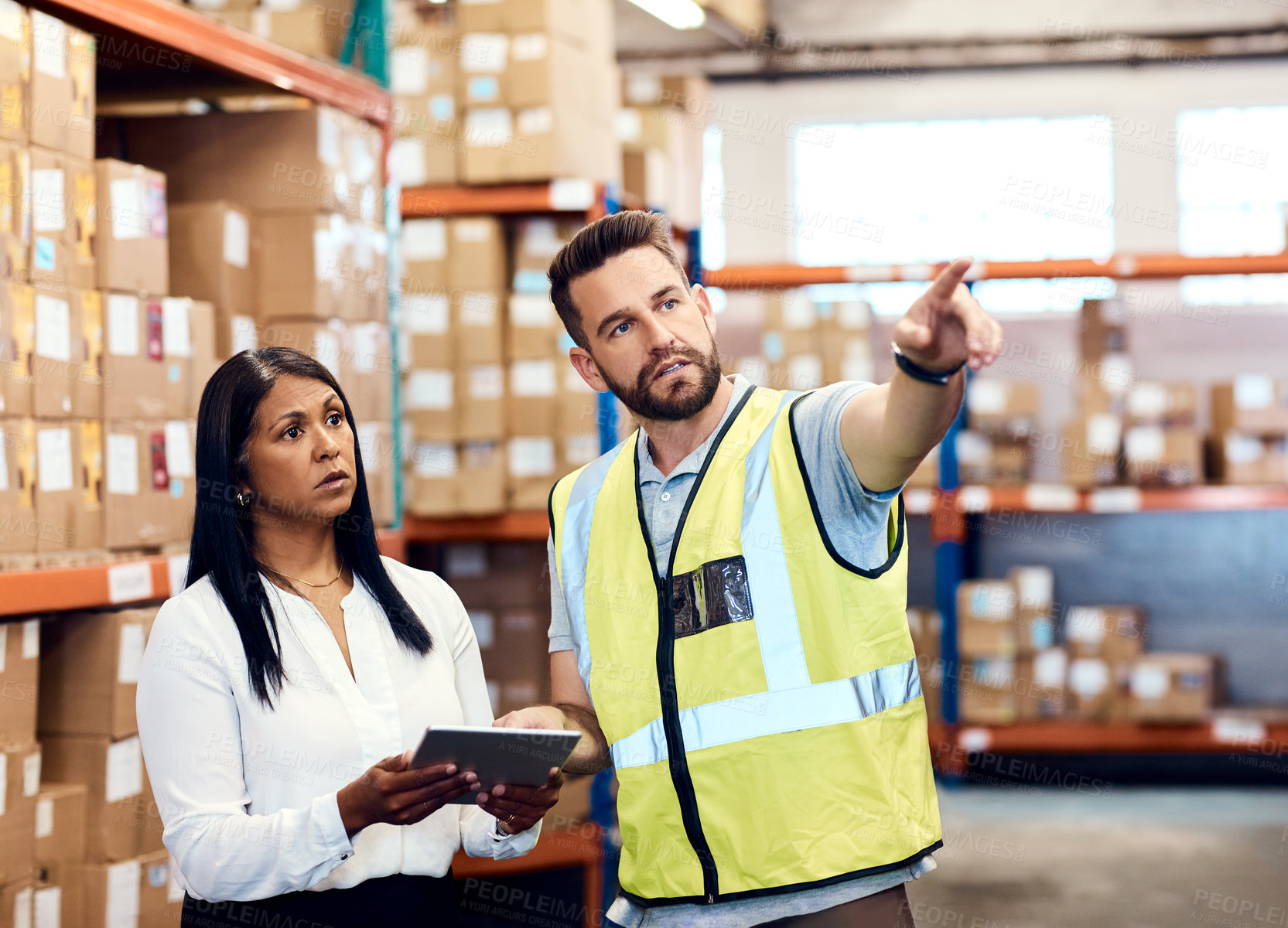 Buy stock photo Tablet, export and pointing with people in warehouse for shipping tracking, procurement and cargo. Inventory management, logistics and supply chain with employees in factory for tech and distribution