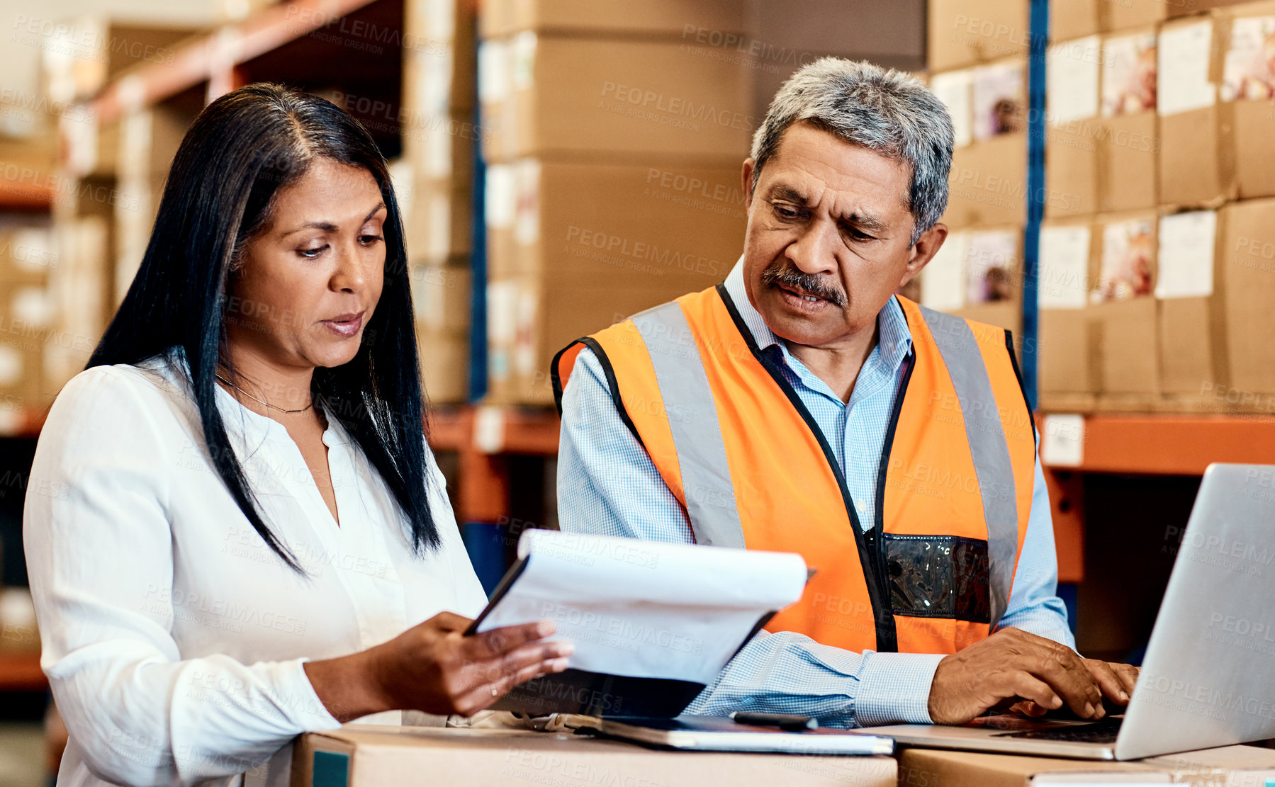 Buy stock photo Clipboard, laptop and team with people in warehouse for shipping, freight inspection and cargo. Logistics consignment, export and partner with mature employee in factory for inventory checklist
