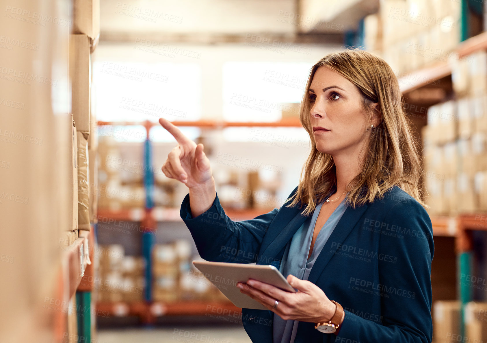 Buy stock photo Tablet, shipping and counting with woman in warehouse for quality control, supply chain and cargo. Logistics schedule, freight and check with person for storage supervisor and digital inventory