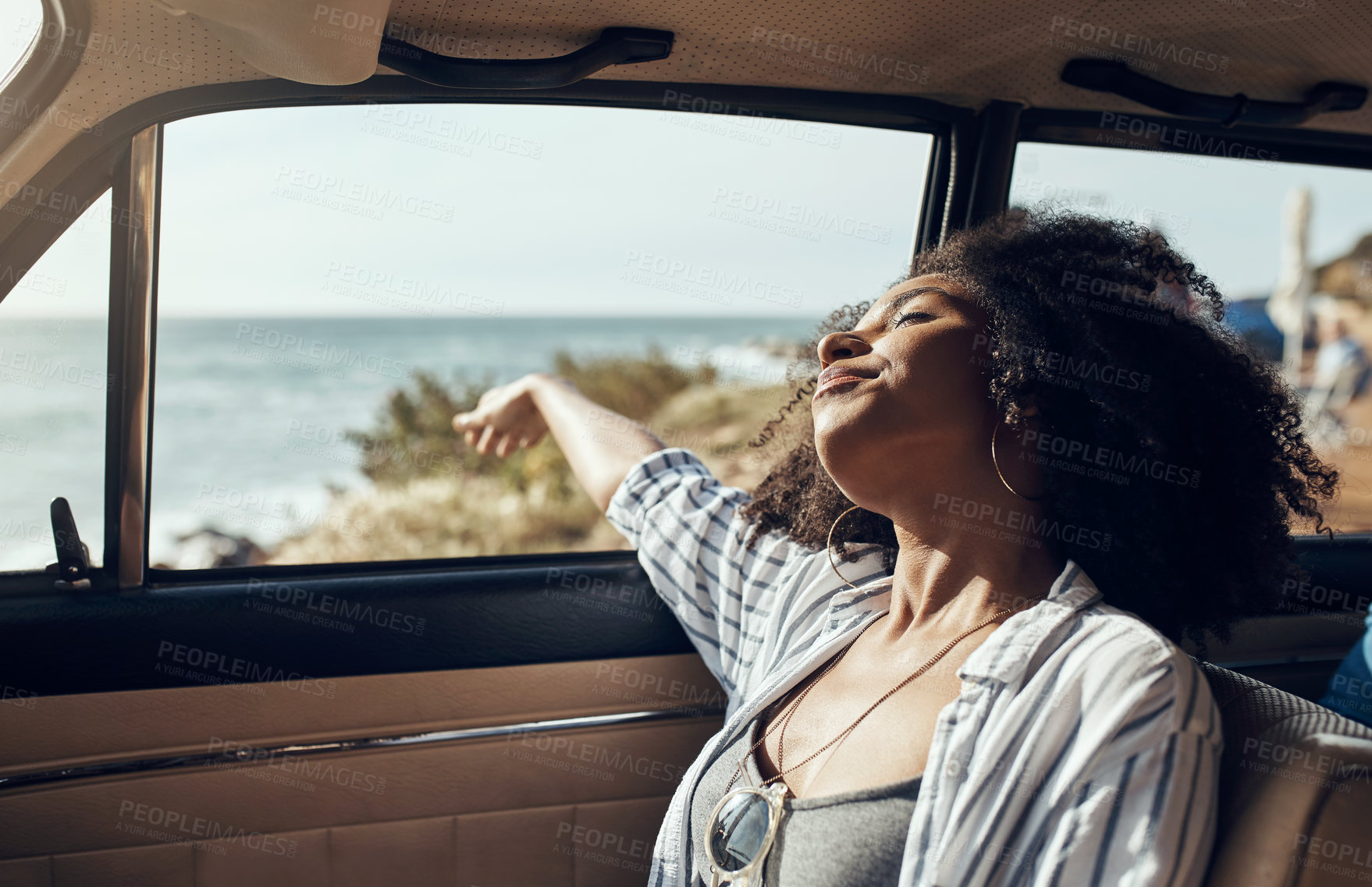 Buy stock photo Travel, sleeping and woman at beach with road trip, comfortable rest and unwind on summer break. Fatigue, sunlight and person in car with nap, peaceful dreaming and calm moment on auto adventure.