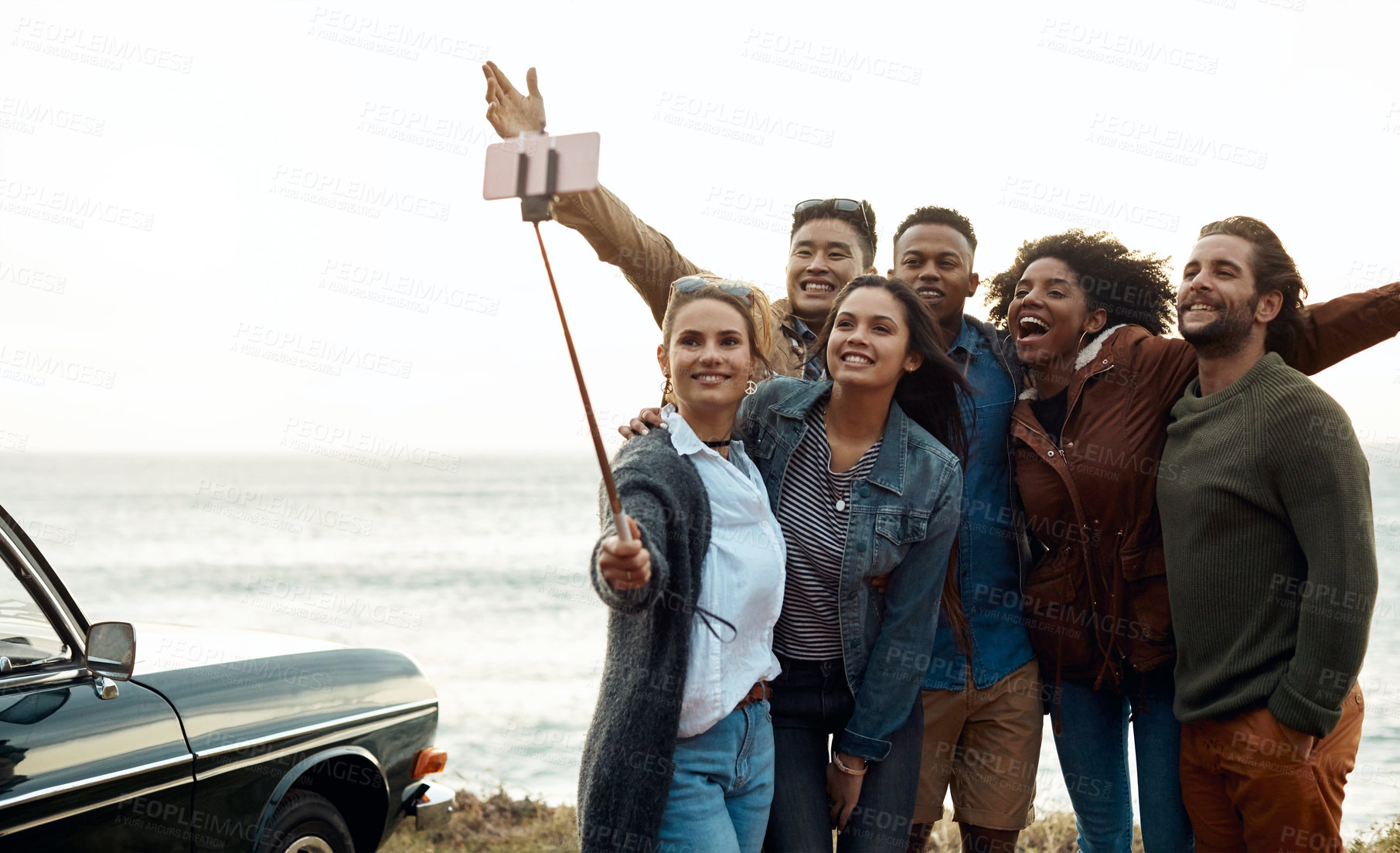 Buy stock photo Selfie, happy and road trip with friends in nature for social media post, vacation memory and bonding. Holiday photography, connection and support with group of people outdoor for picture and car