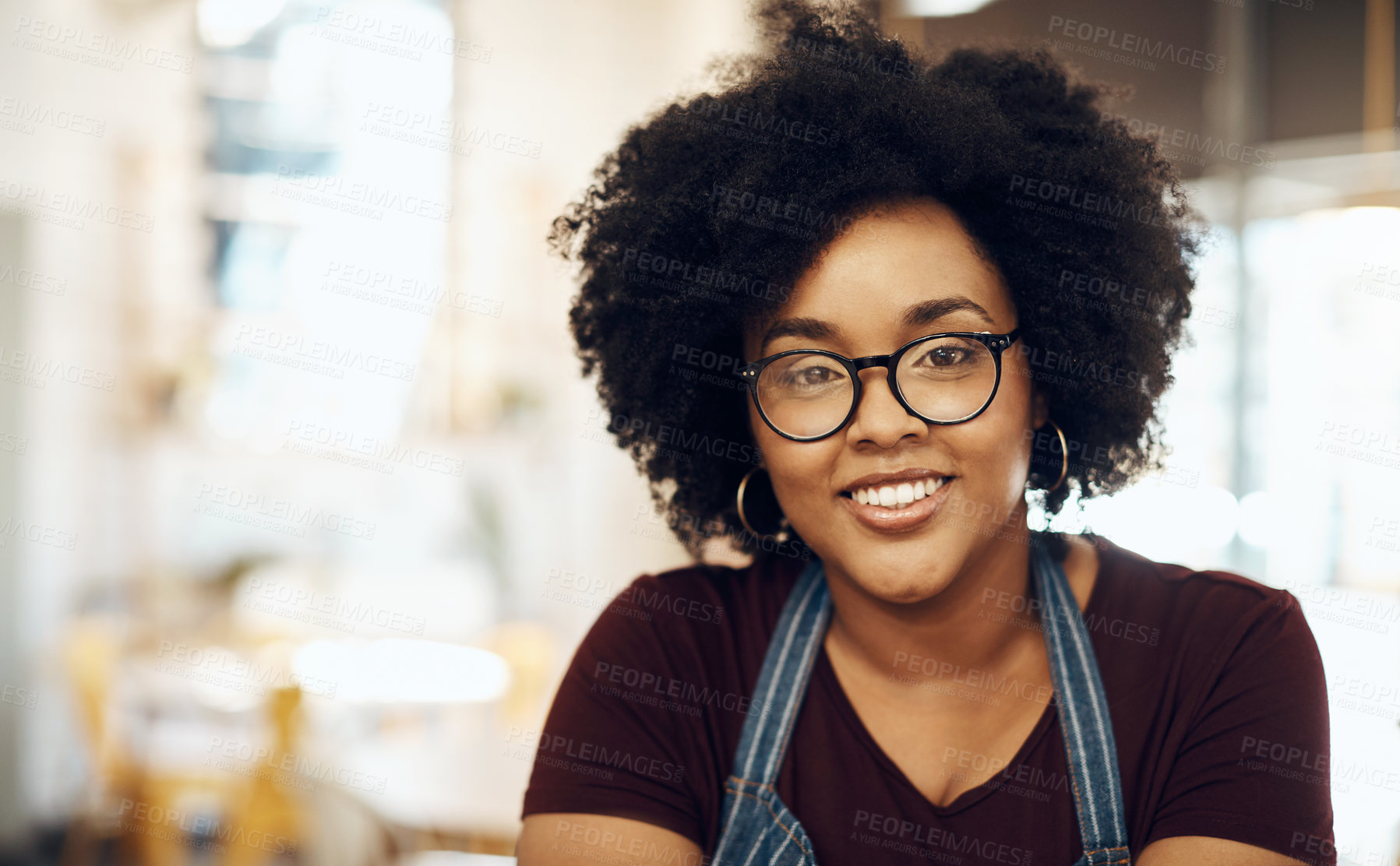 Buy stock photo Barista, woman and happy for cafe manager, friendly welcome or about us in hospitality industry. African server, glasses or portrait for coffee shop management, customer service or startup operations