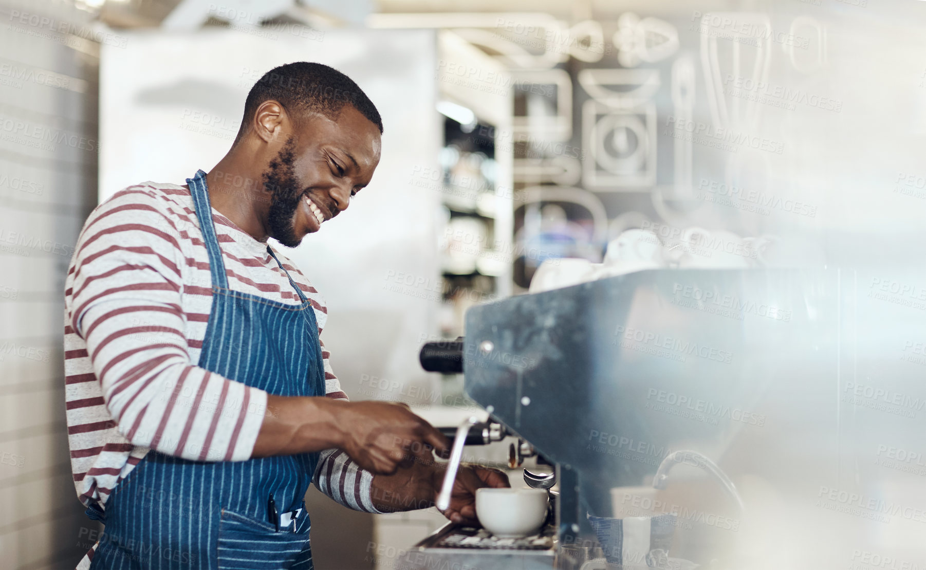 Buy stock photo Black man, smile and order with espresso machine in coffee shop for small business, owner or brewing. Barista, hospitality and apron in cafe with restaurant service, management and happy for catering