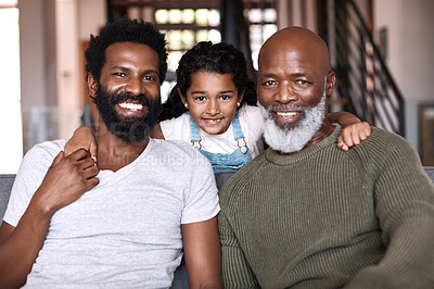 Buy stock photo Portrait of an adorable little girl spending time with her father and grandfather at home