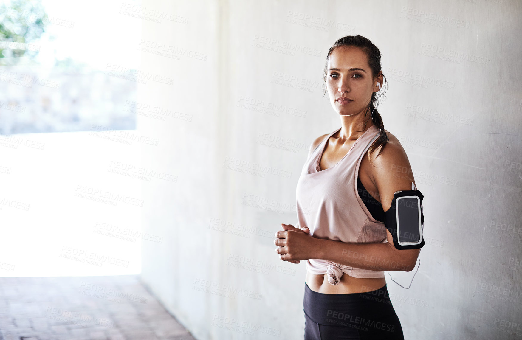 Buy stock photo Fitness, portrait and woman in town with space, keeping fit and wellness hobby on weekend break. Active, athlete and person with physical activity, confidence and satisfaction in outdoor training.
