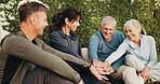 Outdoor, people and hands with huddle for fitness, support and celebration together. Park, retirement and mature friends with stack for solidarity, exercise goal or motivation with wellness team