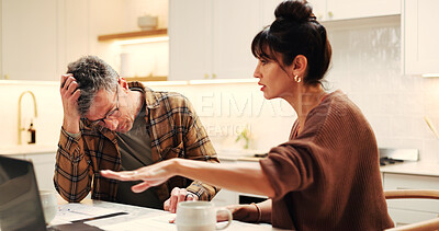 Buy stock photo Couple, man and stress with finance paperwork in home for debt review, overdue bills and inflation. Laptop, mature people and worry with documents for financial crisis, court order or account arrears