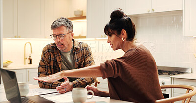 Buy stock photo Finance, man and couple with laptop in home for budget discussion, banking update or planning bills. Marriage, mature people or pointing to tech for financial summary, explain tax filing and support