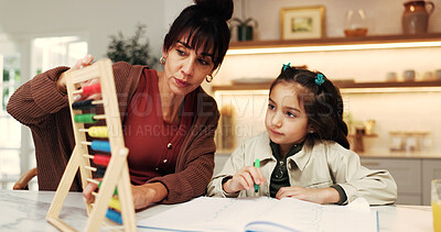 Buy stock photo Support, mother or kid in house with abacus, math practice or bead counting in homework. Education, child or family with help, literacy activity or cognitive development in homeschool learning.