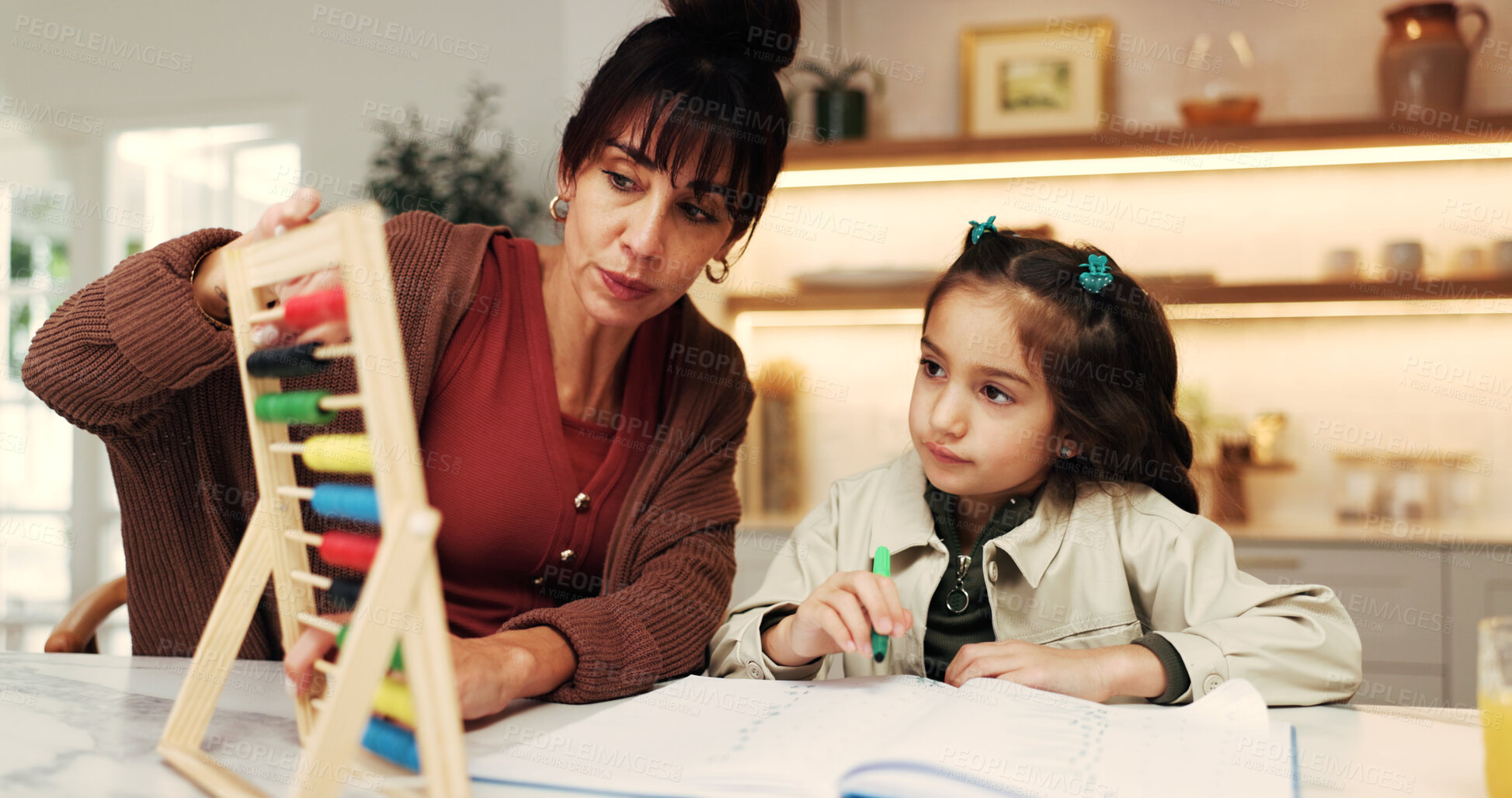 Buy stock photo Support, mother or kid in house with abacus, math practice or bead counting in homework. Education, child or family with help, literacy activity or cognitive development in homeschool learning.