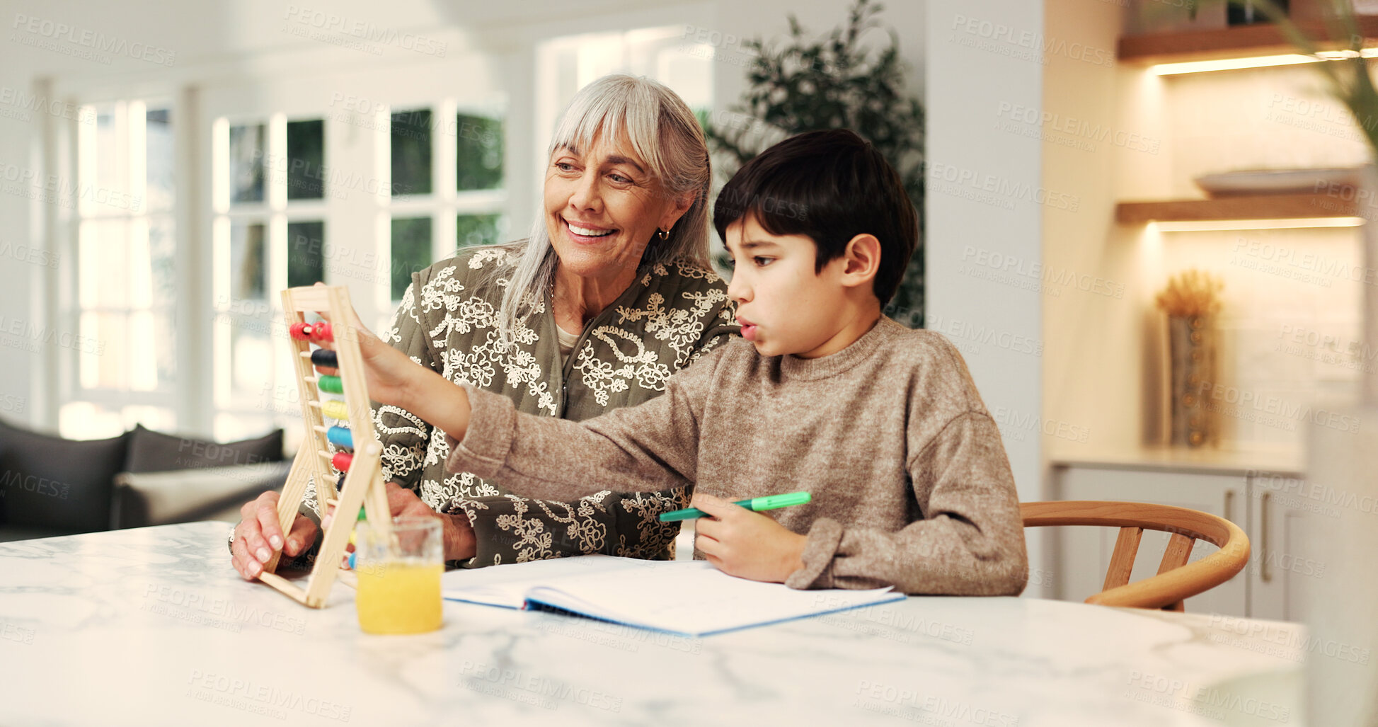 Buy stock photo Support, grandmother or kid in home with abacus, math practice or bead counting in homework. Education, child or happy senior woman with help, literacy activity or cognitive development in homeschool