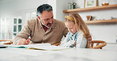 Buy stock photo Difficult, education and father helping sad girl with homework assignment at kitchen counter. Frustration, learning and study with single parent man speaking to daughter for advice or assistance