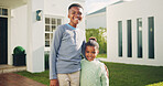 Support, portrait or kids outdoor with smile, sibling relationship or family security in child growth. Love, brother or sister at home with hug, happy moment or connection for childhood development.