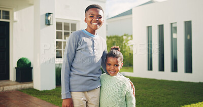 Buy stock photo Support, portrait or kids outdoor with smile, sibling relationship or security in child growth. Love, care or black family at home with hug, happy moment or connection for childhood development.