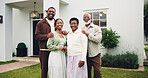 New home, portrait and proud with black family outdoor together for real estate investment. Loan, mortgage and property with group of happy people in front yard of dream house for bond or growth
