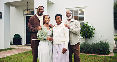 Buy stock photo New home, portrait and proud with black family outdoor together for real estate investment. Loan, mortgage and property with group of happy people in front yard of dream house for bond or growth