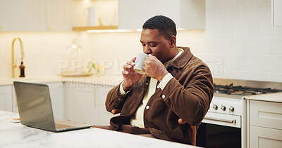 Buy stock photo Coffee, laptop and black man with remote work in home kitchen with break for creative writing. Relax, warm beverage and person with technology for freelance job, internet connection and blog