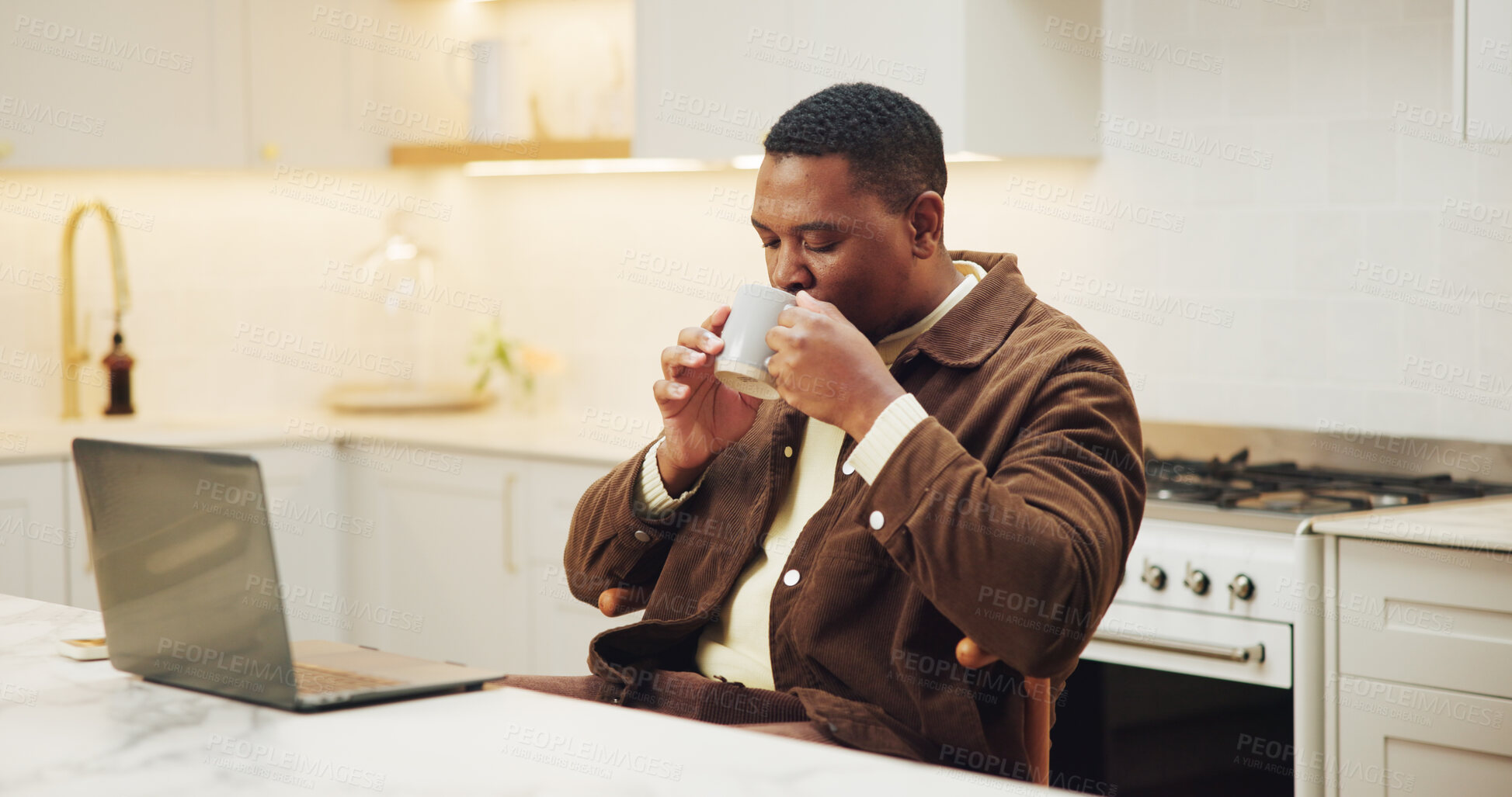 Buy stock photo Coffee, laptop and black man with remote work in home kitchen with break for creative writing. Relax, warm beverage and person with technology for freelance job, internet connection and blog