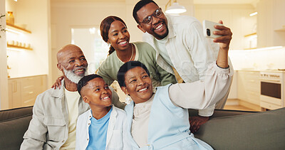 Buy stock photo Grandparents, parents and child in home with selfie, bonding  together or social media post on weekend. Black people, grandma and grandpa smile in living room with boy, family generations and picture