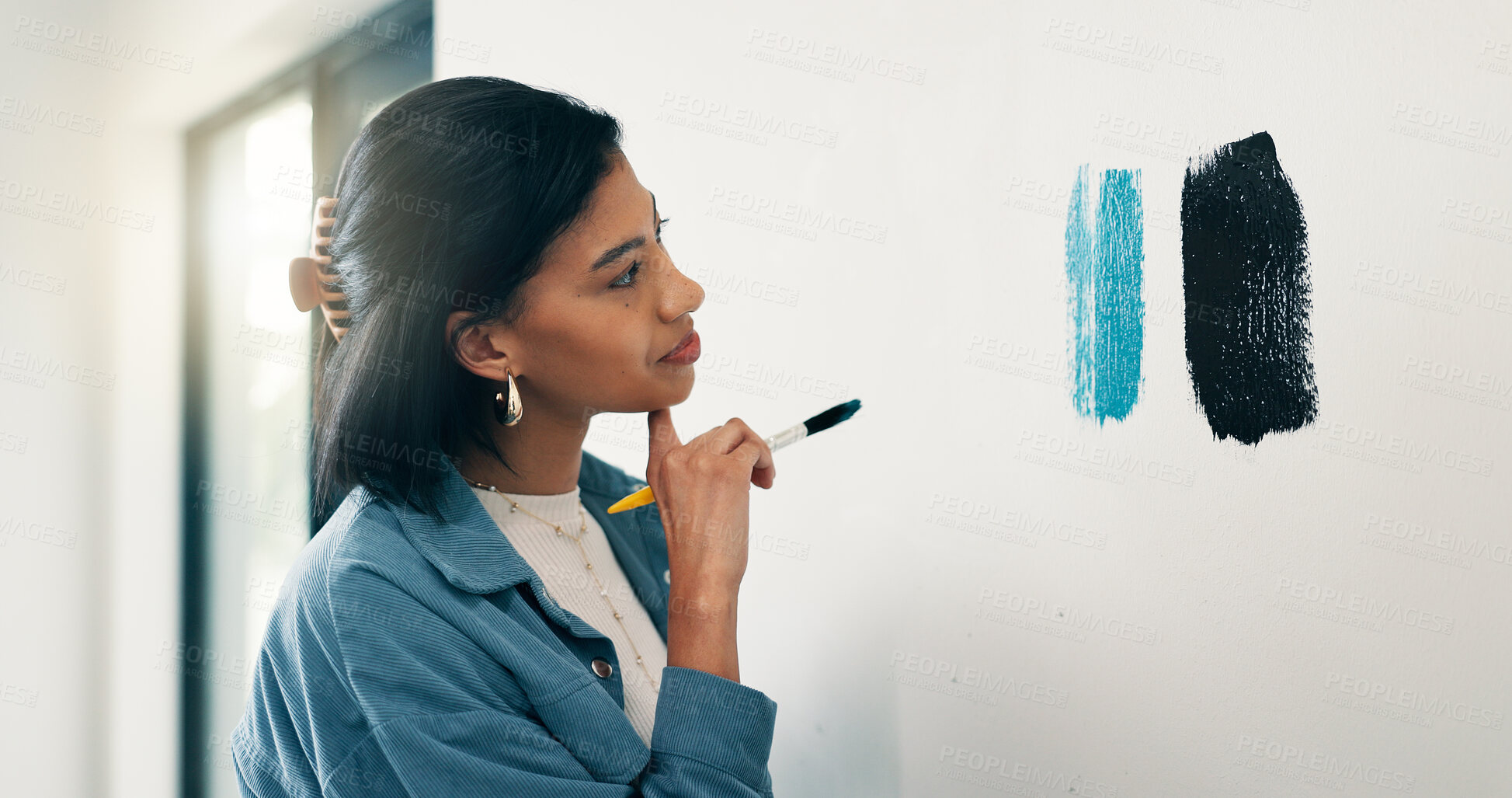 Buy stock photo Thinking, woman and paint sampling on wall for color choice, home renovation and test coating. Interior design, homeowner or decision with paintbrush for house makeover, undertone option or diy decor