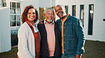 New home, family and laugh portrait in front yard for property purchase, joke or investment support. Real estate, happy people and senior dad outdoor with mortgage security, relocation pride or humor