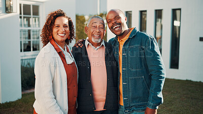 Buy stock photo New home, laugh and family portrait in front yard for property purchase, joke or investment support. Real estate, happy people and senior dad outdoor with mortgage security, relocation pride or humor